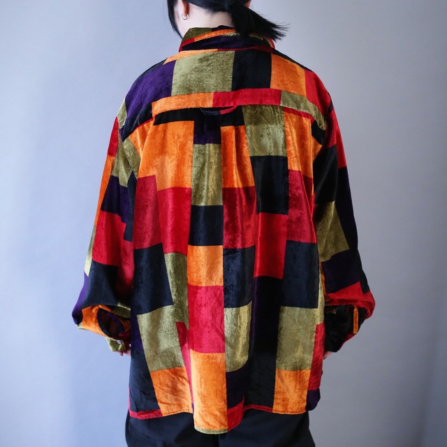 multi color panel art design over silhouette velours shirt