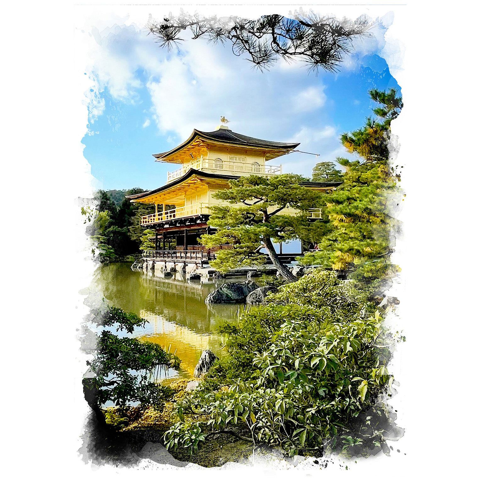 絵画 日本 京都 金閣寺の風景 インテリアアート額付き 水彩画・油絵風 
