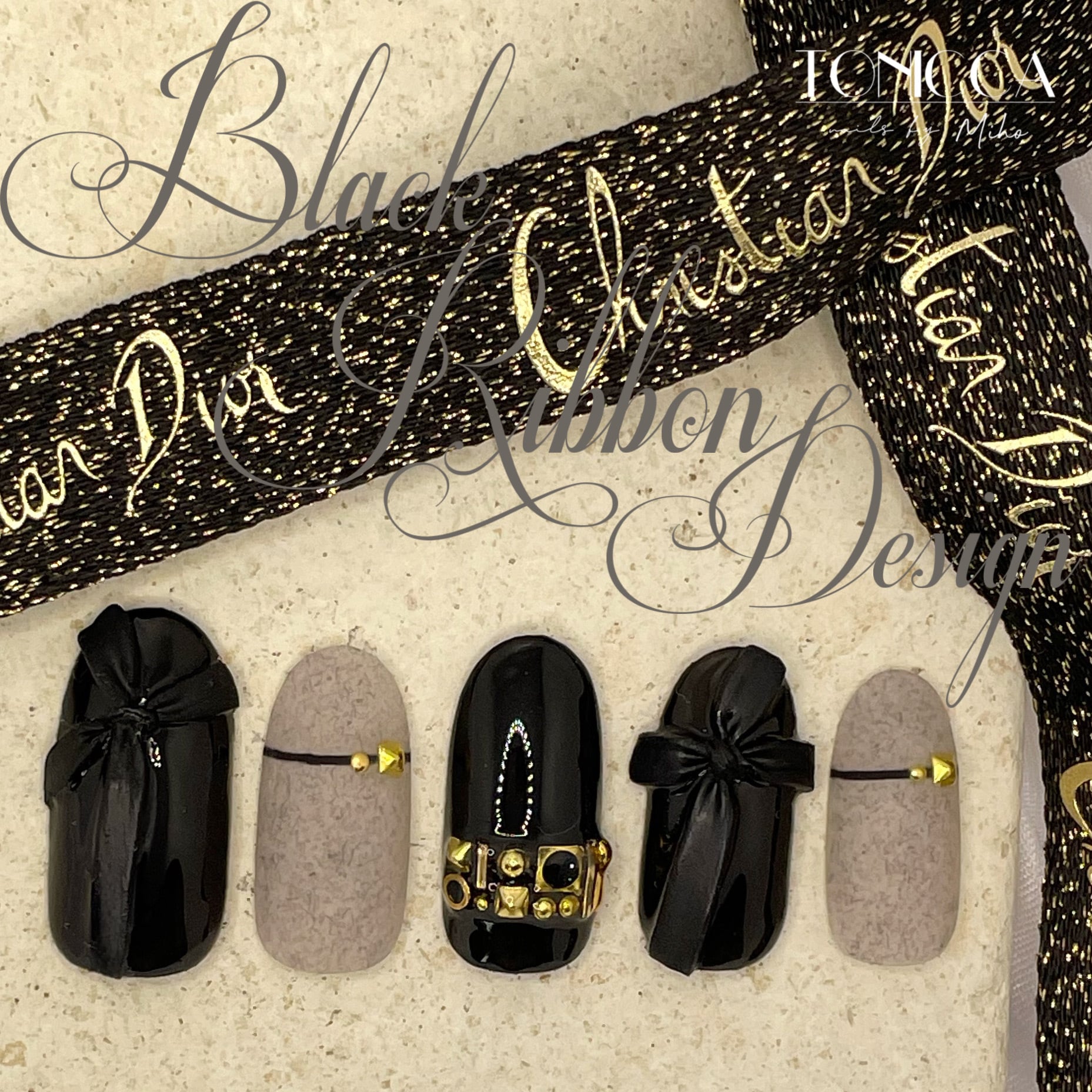 No.18 black ribbon design press on nails/3d.りぼん.黒.シアー