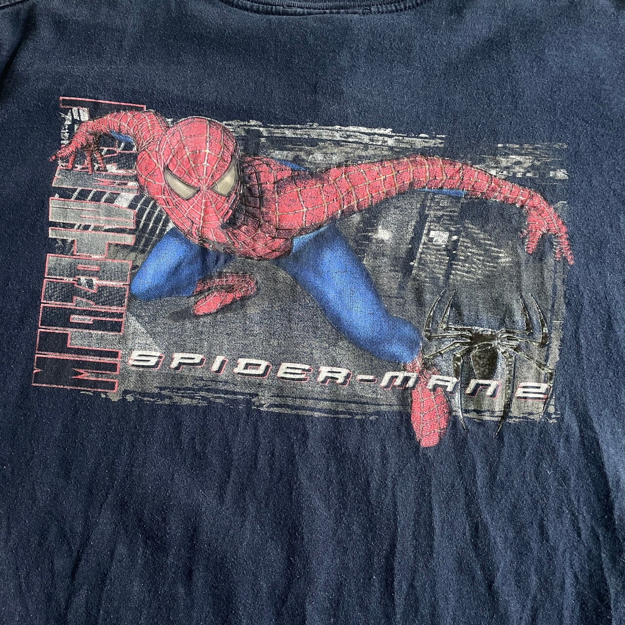 00年代 SPIDER-MAN2 スパイダーマン2 ムービー 両面プリントTシャツ メンズXL 古着 00s ビンテージ ヴィンテージ 2004 映画  サム・ライミ バックプリント コミック アメコミ ネイビー 紺色【Tシャツ】 | cave 古着屋【公式】古着通販サイト