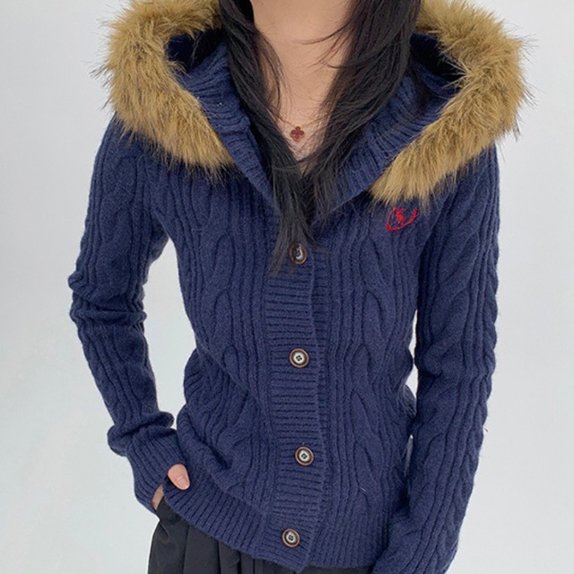 ケーブル編みフードファーカーディガン ◆col