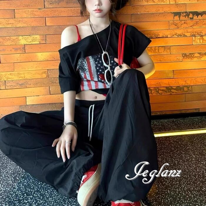 クロップド アメリカン 半袖 Tシャツ ワンショル ユニセックス (MC870)ρ