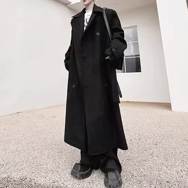 黒レザー ロングコート ウエストベルト付き コート | - ウエストベルト 