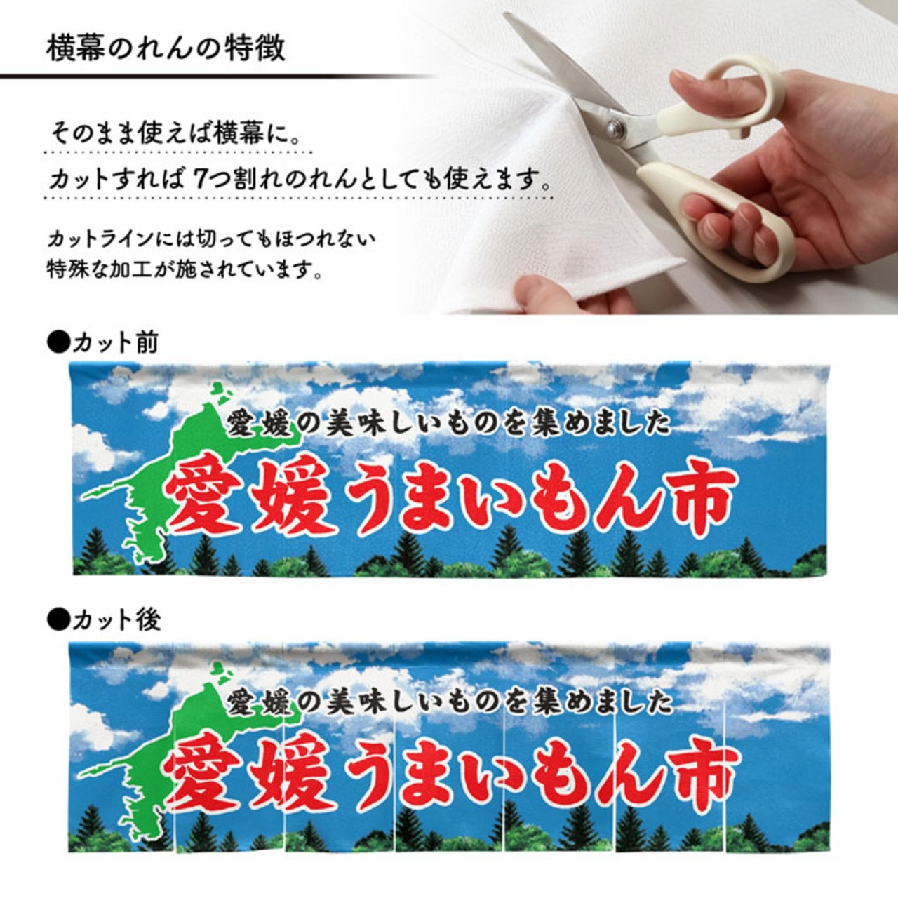 【受注生産】横幕のれん 愛媛うまいもん市 空 140×40cm 44883