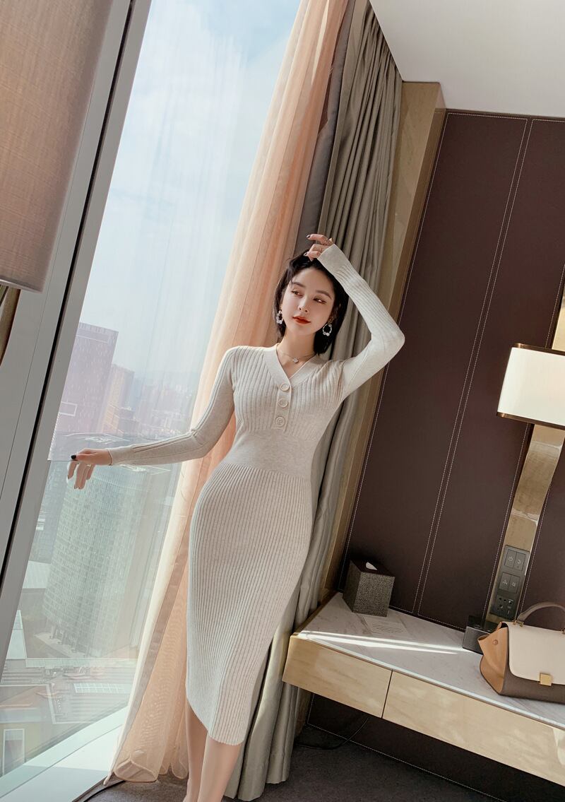 新作】【送料無料】 女性長袖歌手胸ニット包帯ドレス春冬