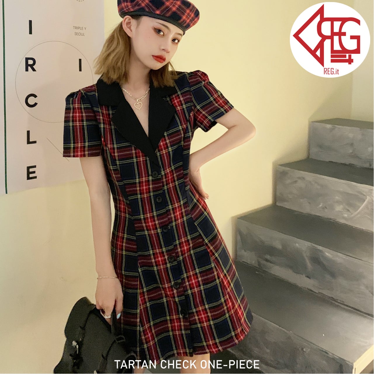 Regit Tartan Check One Piece S S 韓国服 ワンピース チェック柄 タータンチェック 個性的 ミニ ショート丈 ひざ上 半袖 夏 10代 代 プチプラ 着映え 映える ネット通販 Tax001 Regit