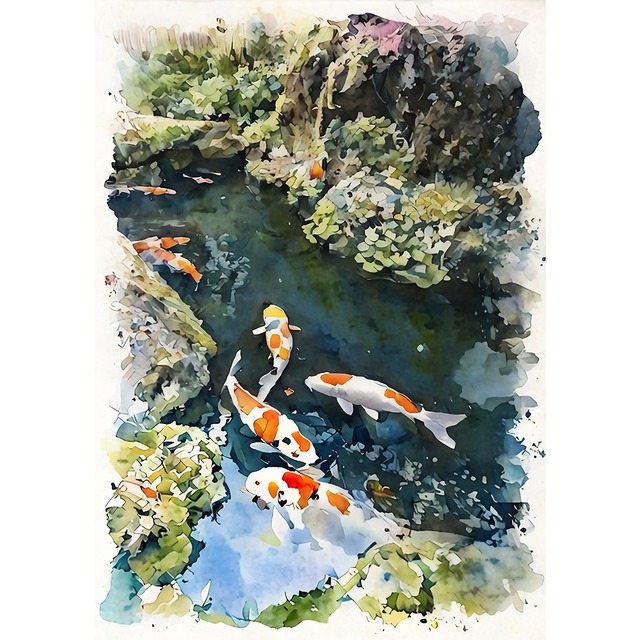 絵画(風景画) 日本庭園の鯉 インテリアアート額付き 水彩画・油絵風 WAT0778