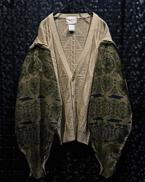 【ÆIEM】“再倖築” original re:constructed ethnic pattern sleeve docking fisherman knit cardigan