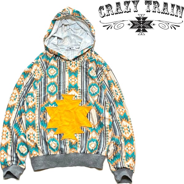 1点物◇Crazy Trainネイティブ柄ロンT薄手スウェットパーカー古着