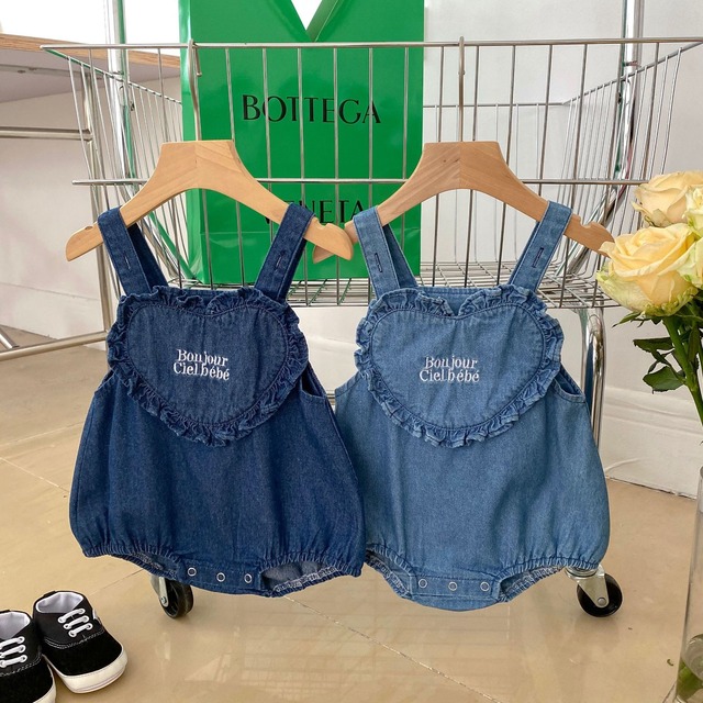 【BABY】ボンジュールハートフリルデニムサロペットロンパース - 5