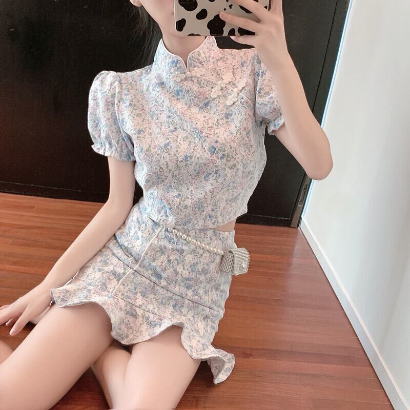 フローラルサマーレーススリーブショートトップス ハイウェストウェストスカート 夏物 花柄 ガールズファッション10181670500