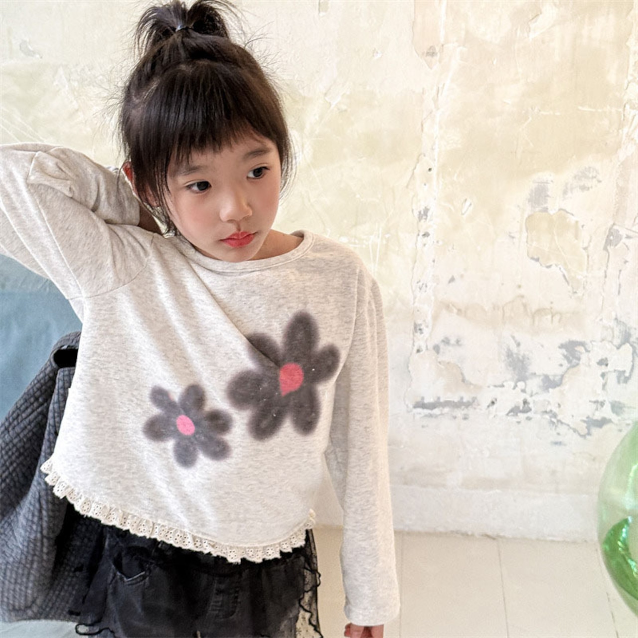 秋レース裾花柄Tシャツ