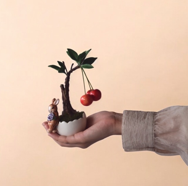 ◆粘土のお花◆　さくらんぼ　盆栽　S1283