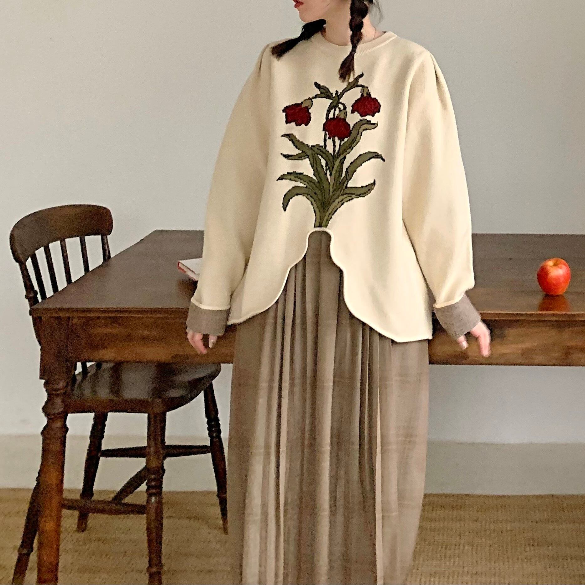 Asymmetrical Floral Vintag Pullover Knit*S-21