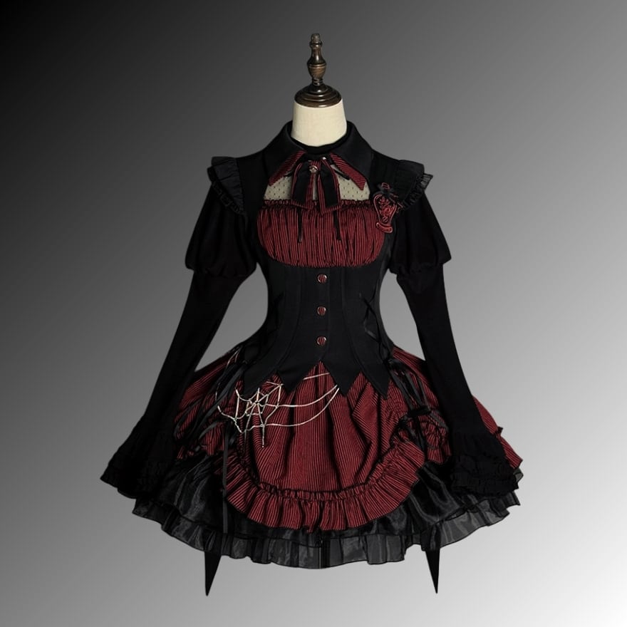大人ゴシックな魔女 ストライプ×コルセットのゴシックワンピース
