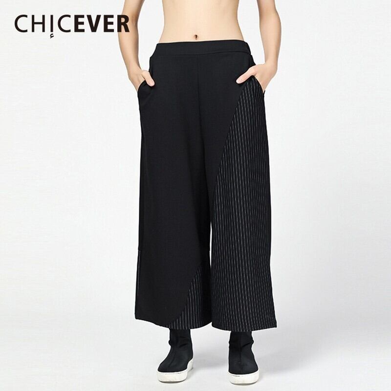 CHICEVERパッチワークストライプパンツ女性ワイドレッグパンツ伸縮性ウエスト原因ゆるい足首丈パンツ エラスティック ワイドパンツ 6base553161629969