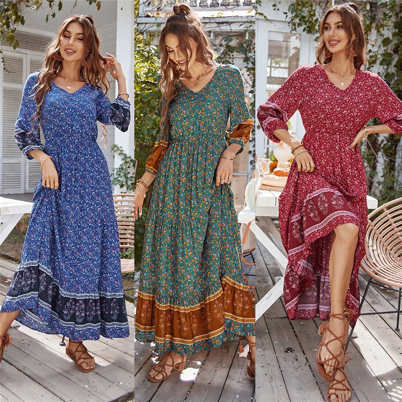 ワンピース ワンピドレス 膝下 ロング ロング丈 マキシ マキシ丈 袖あり 7分袖 七分袖 Vネック セミフレア かわいい おしゃれ お洒落 レトロ エキゾチック ラブリー キュート ガーリー 個性的 主役級 存在感 柄 ボヘミアン 春 夏 秋 10代 20代 30代 レディース 女性用 女の子 学生 デート お出かけ 公園デビュー 女子会 パーティー イベント リゾート 旅行 海 ホテル 脚長 S M L XL 色展開 赤 レッド 青 ブルー 緑 グリーン
