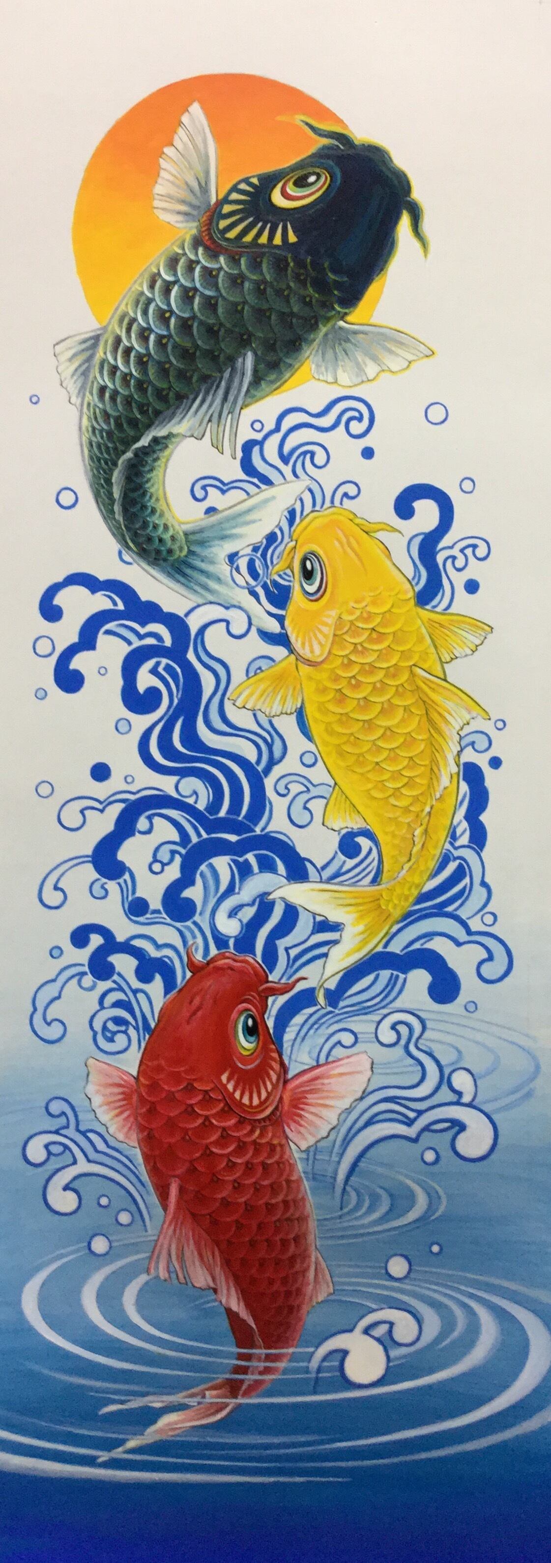 のぼり旗・鯉のぼり・古布 黒澤育オリジナル幟旗「鯉のぼり」3匹バージョン180×60cm | IKU