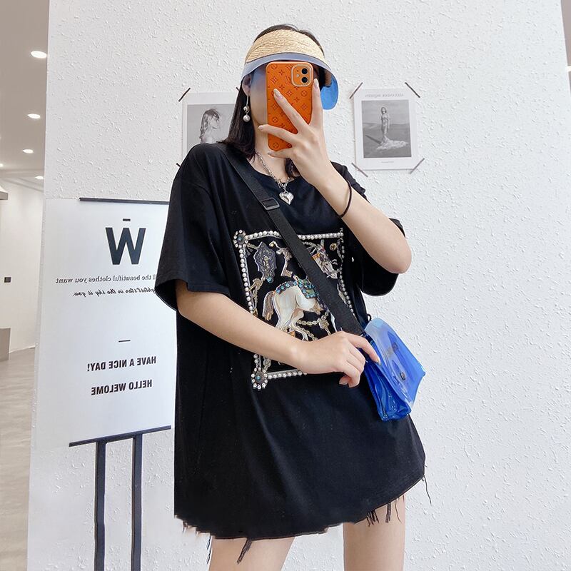 サマースタイルラウンドネックパターンルーズTシャツ 大きめサイズ 夏物 Oネック ミックスインファッション4533514458