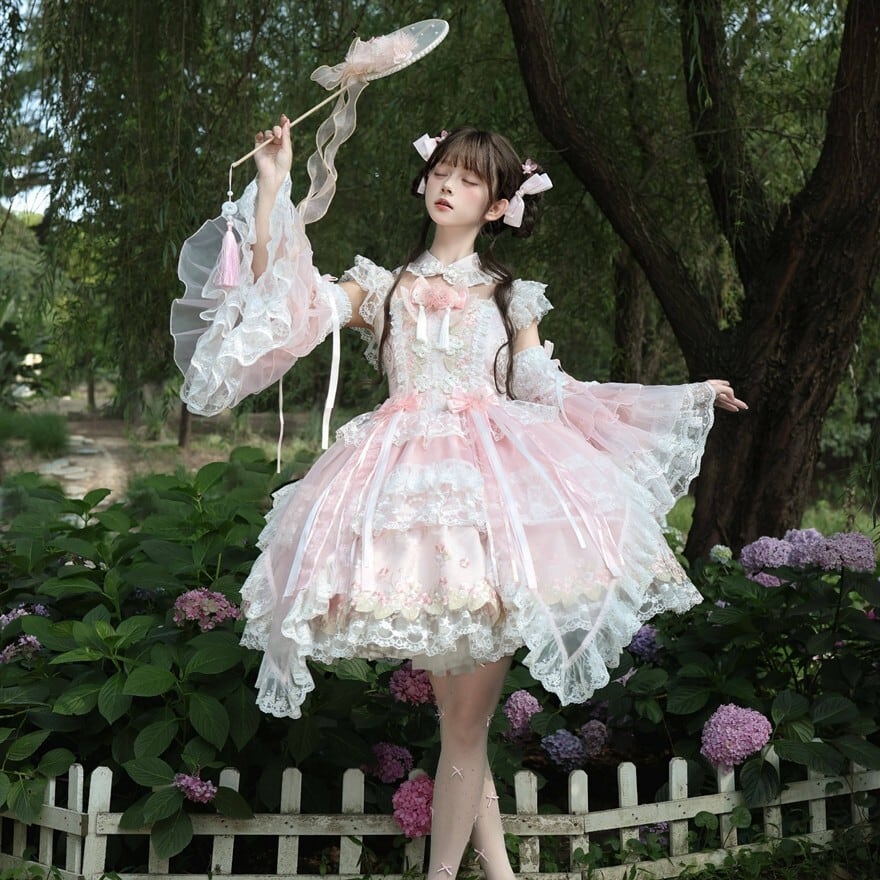 桃花の夢庭園 ピンクレース重ねバックリボン付き甘ロリ3点ジャンスカ