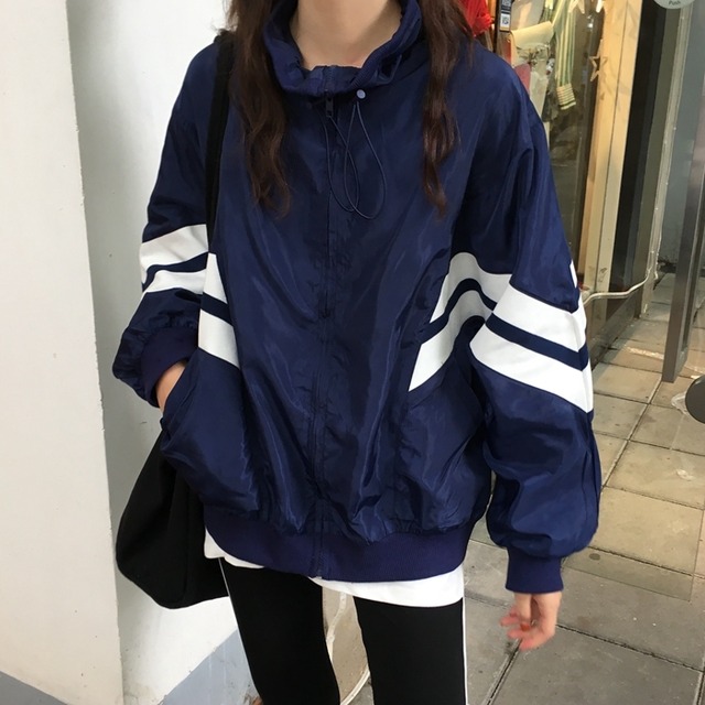 ラインブルゾン バイカラー ジャンパー カジュアル レトロ スポーティ メンズライク ジャケット お出かけ 散歩 デート アウター 春夏 Officewalaa オフィスワラア レディースファッション スタイル