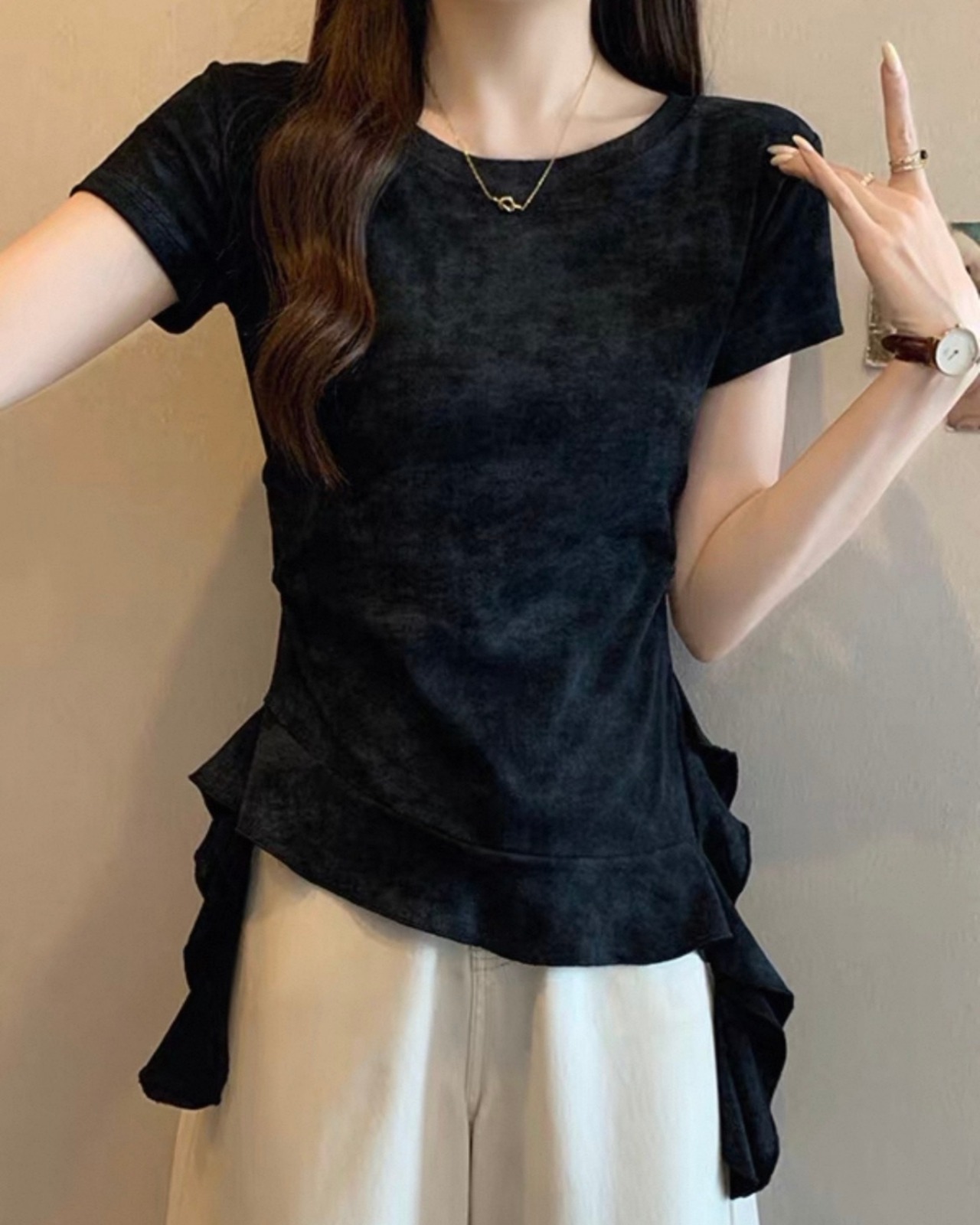 ドレープデザインアシンメトリーTシャツ 3color A0996 - 3