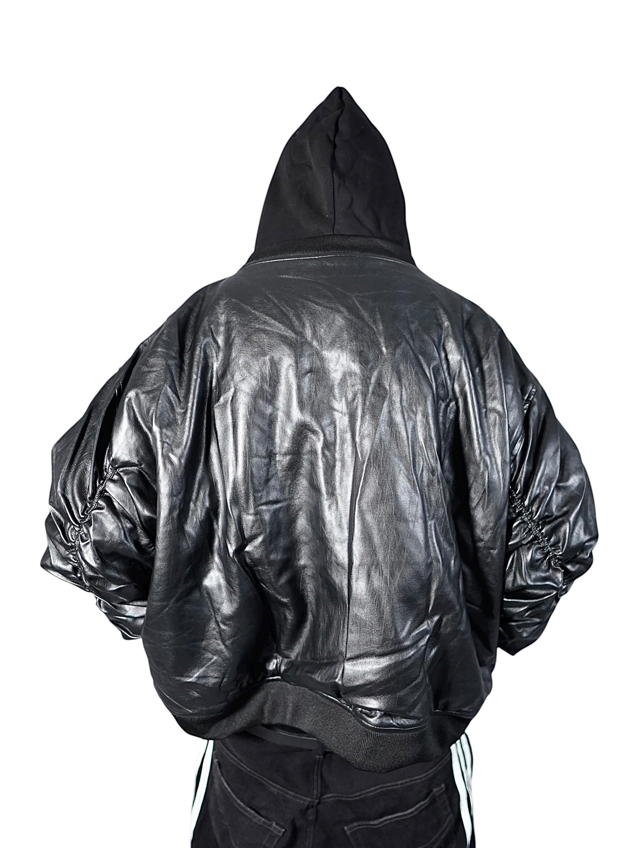 【PLANET STUDIO】Faux Leather Hooded Bomber Jacket