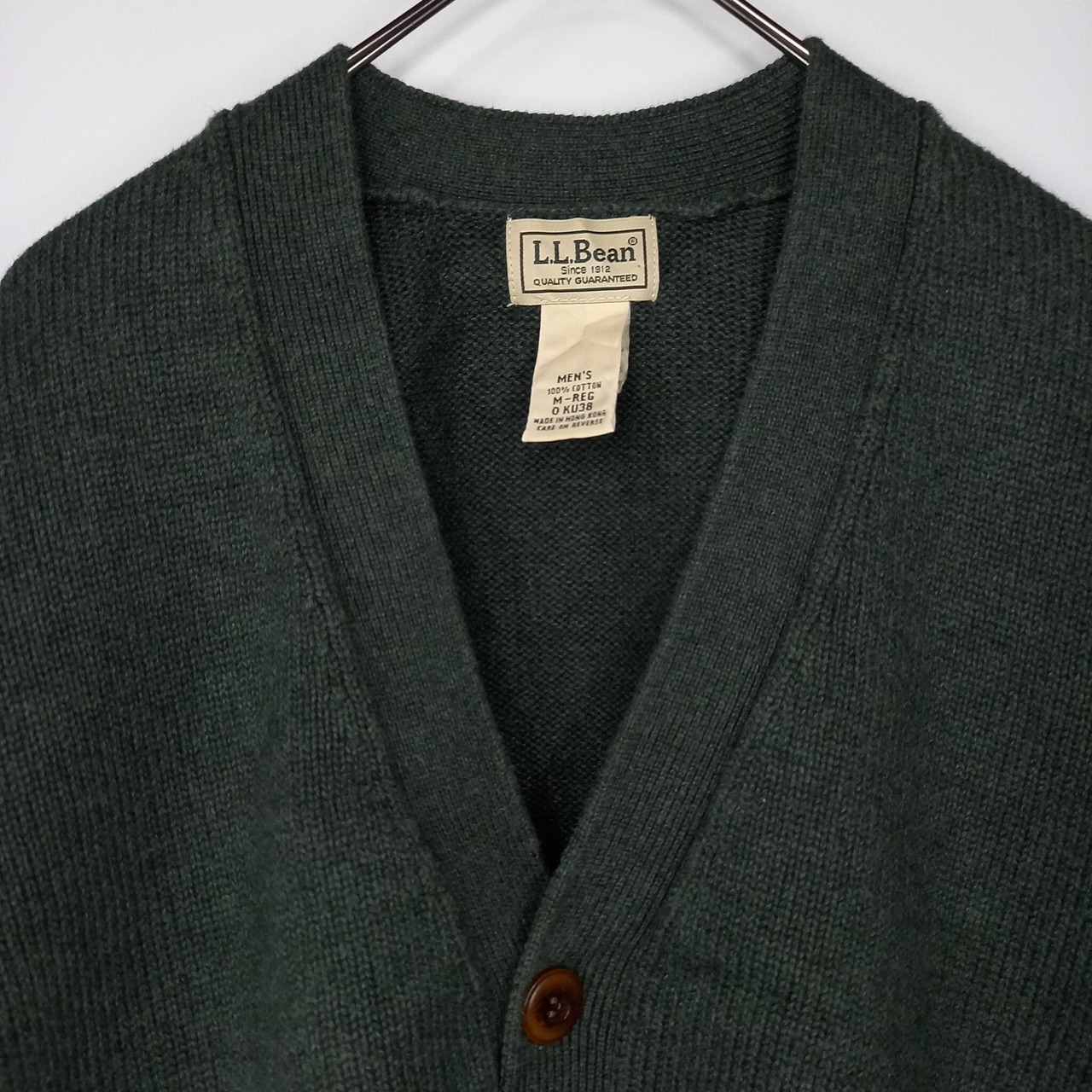 90s　エルエルビーン　Vネック　コットン　カーディガン　無地　グリーン　M