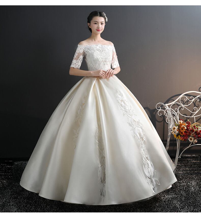 サテン ウェディングドレス Aライン 長袖 Vネック パニエ グローブ