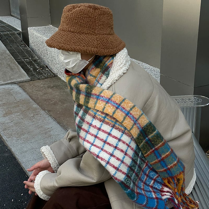 R1DGEマルチチェック柄フリンジマフラー | mblueshop