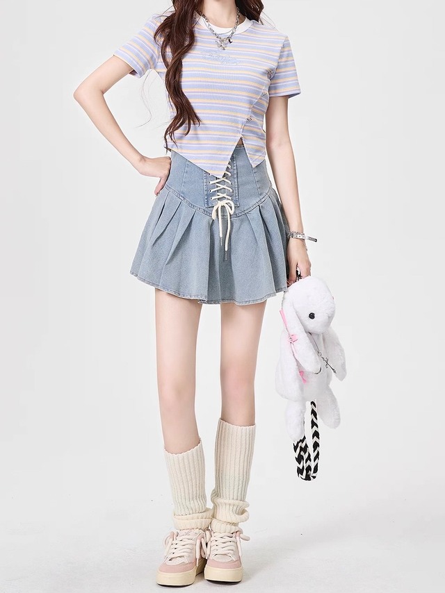 レースアップデニムミニスカート.2301