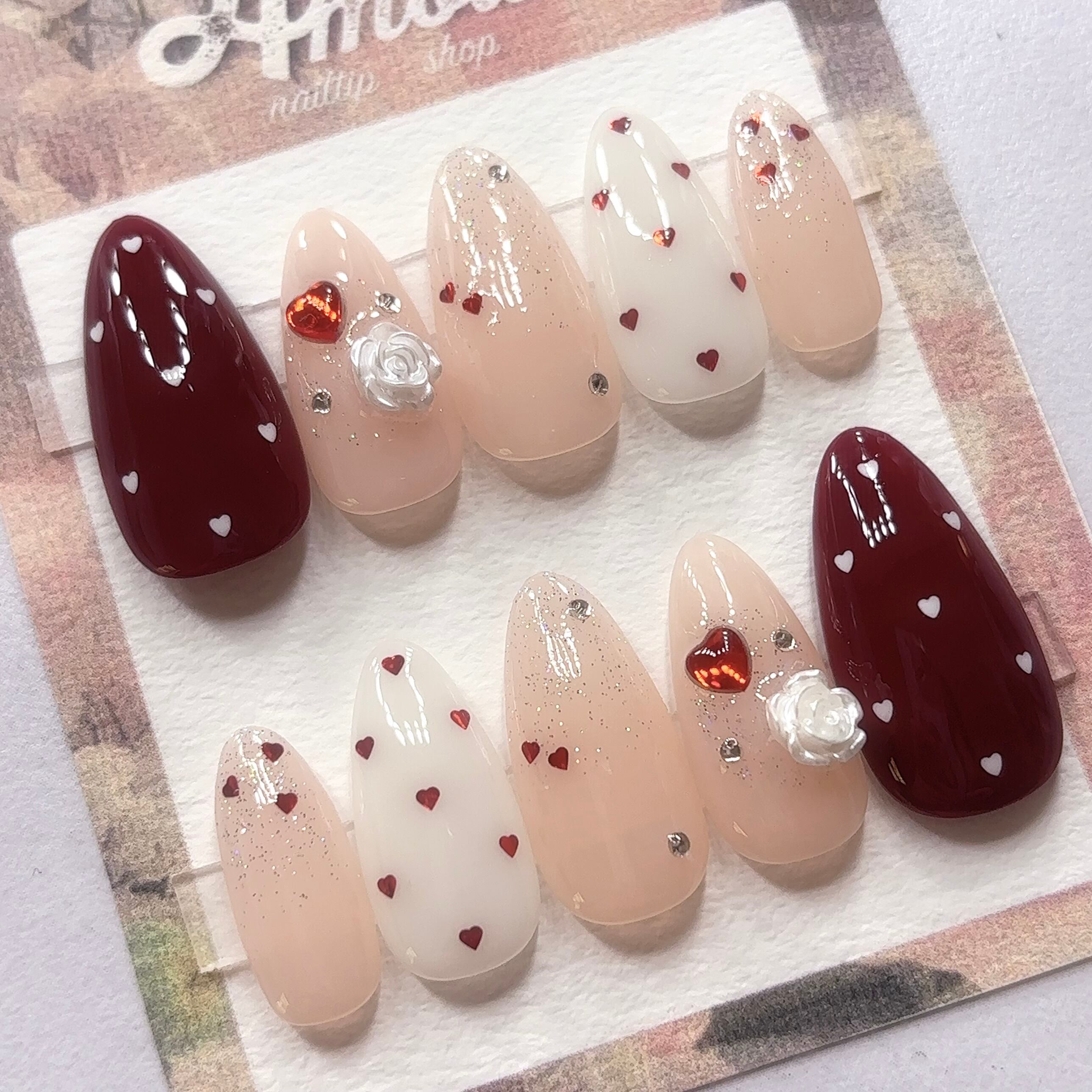 ネイルチップ 秋冬 クリスマス バレンタイン ボルドー ピンク ホワイト