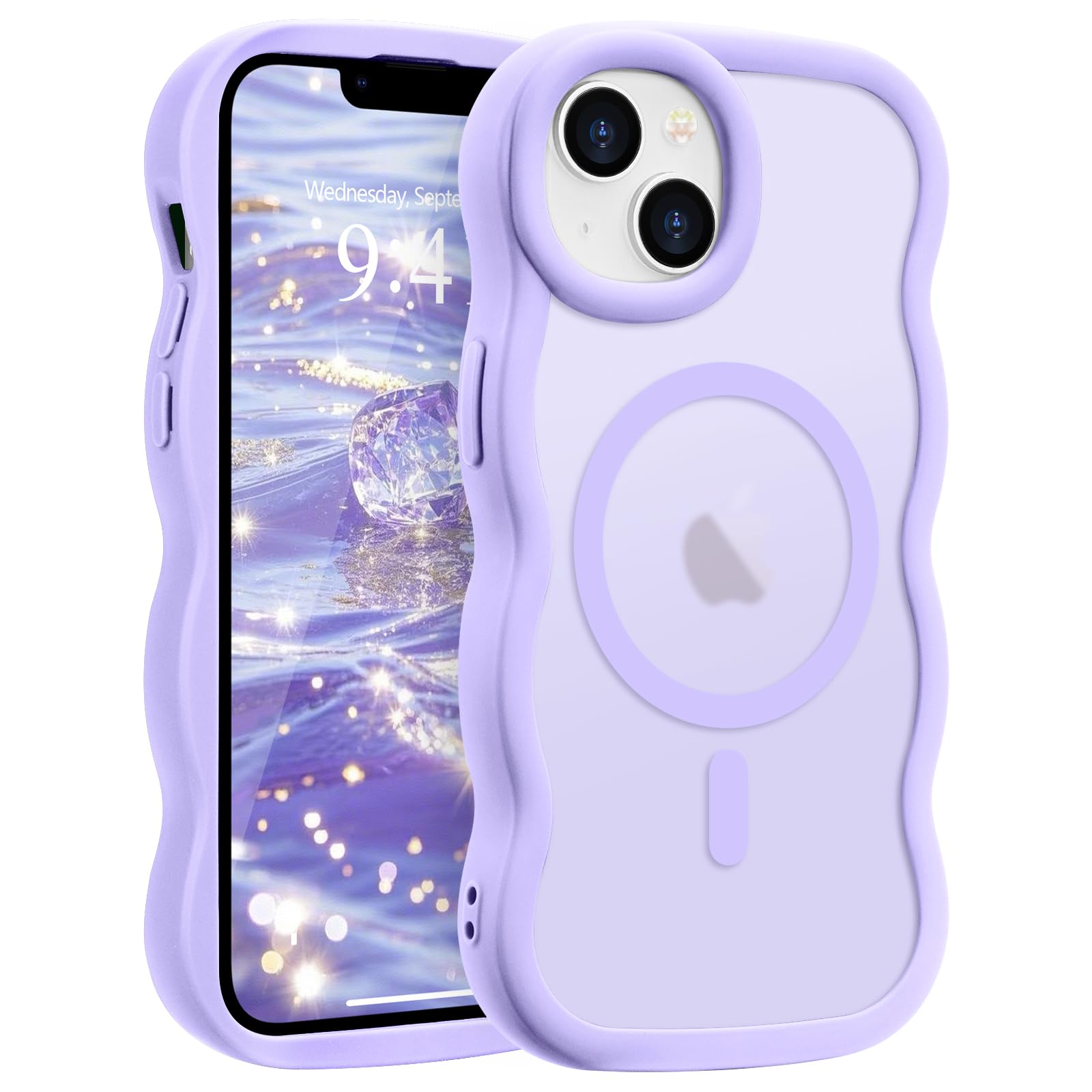【在庫のみ】iPhone 14 用 ケース/iPhone 13 用 ケース MagSafe対応 ウェーブ 半透明 滑り止め おしゃれ 可愛い 韓国 耐衝撃 指紋防止 ワイヤレス充電 スマホケース ストラップホール付き(ライトパープル)