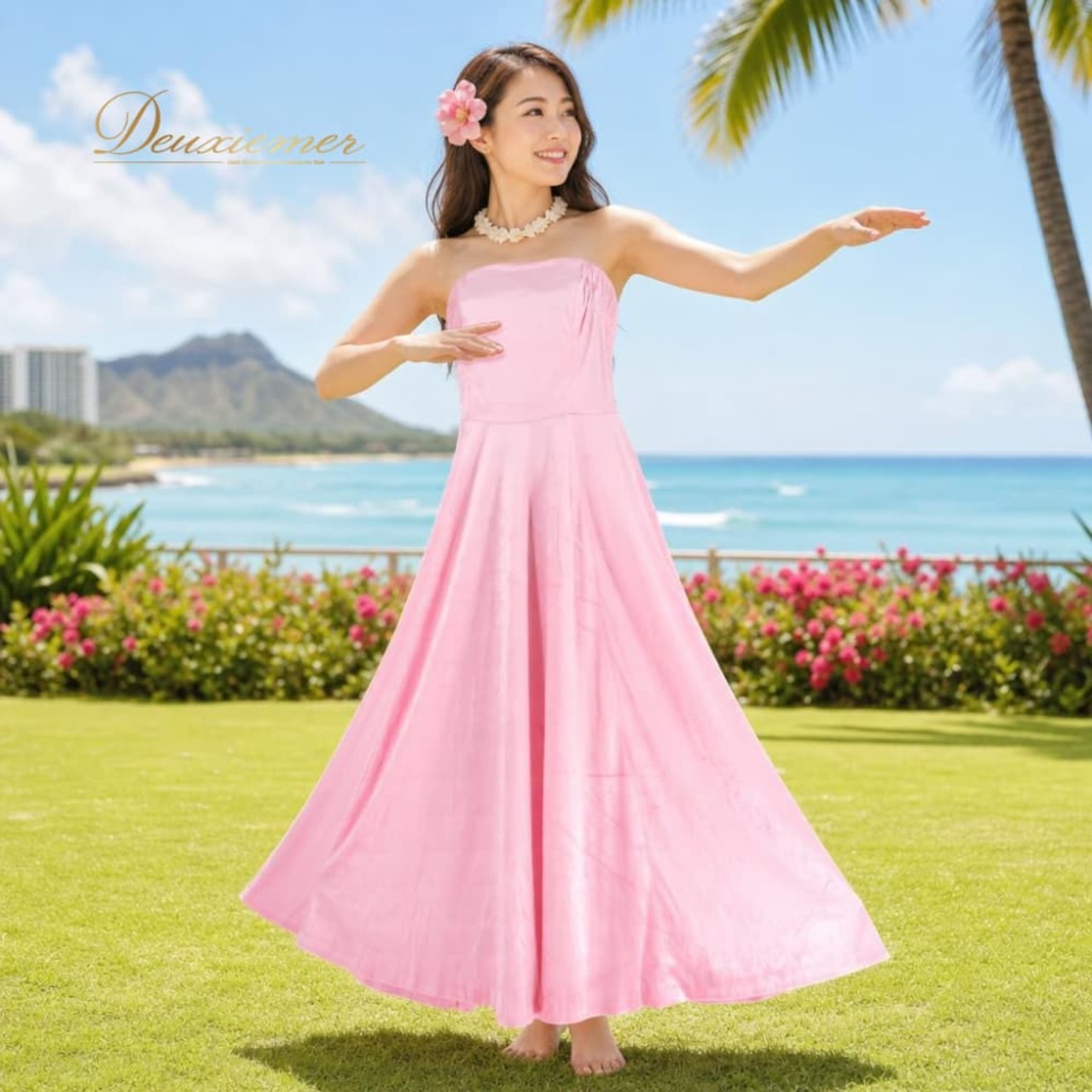 フラダンス 衣装 HULA GIRLS フラガールズ ワンピース ドレス ピンク系 チューブトップ ワンカラー 光沢 無地 かわいい 華やか 鮮やか 明るい 上品 きれい 高級感 ハワイアン アロハ フラ ダンス レッスン 練習 フラダンスドレス