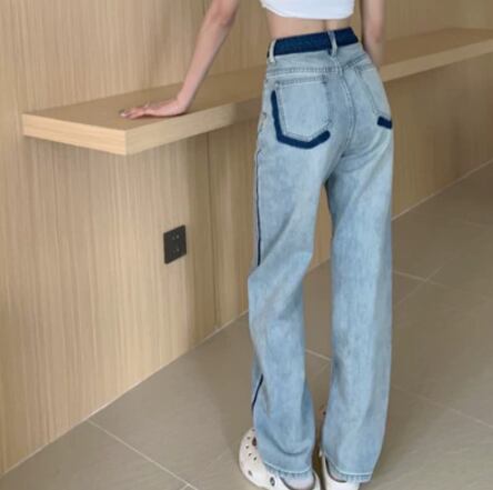 ボトムス パンツ ストレートパンツ デニムパンツ スマート ポケット ハイウエスト ブルーデニム きれいめ シンプル カジュアル おしゃれ お洒落 かっこいい レトロ 大人可愛い 大人女子 こなれ感 ラフ メンズライク マニッシュ ボーイッシュ スポーティー ルーズ 個性的 クール 抜け感 無地 オールシーズン シーズンレス レディース 女性用 学生 お出かけ 公園デビュー お泊まり 休日 旅行 着回し 普段使い 韓国系 オルチャン 楽ちん 美脚 脚長 定番 XS S M L 青 ブルー ライトブルー