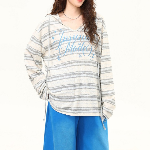 ボーダーレタリングフーディロングスリーブTシャツ 1col R02522