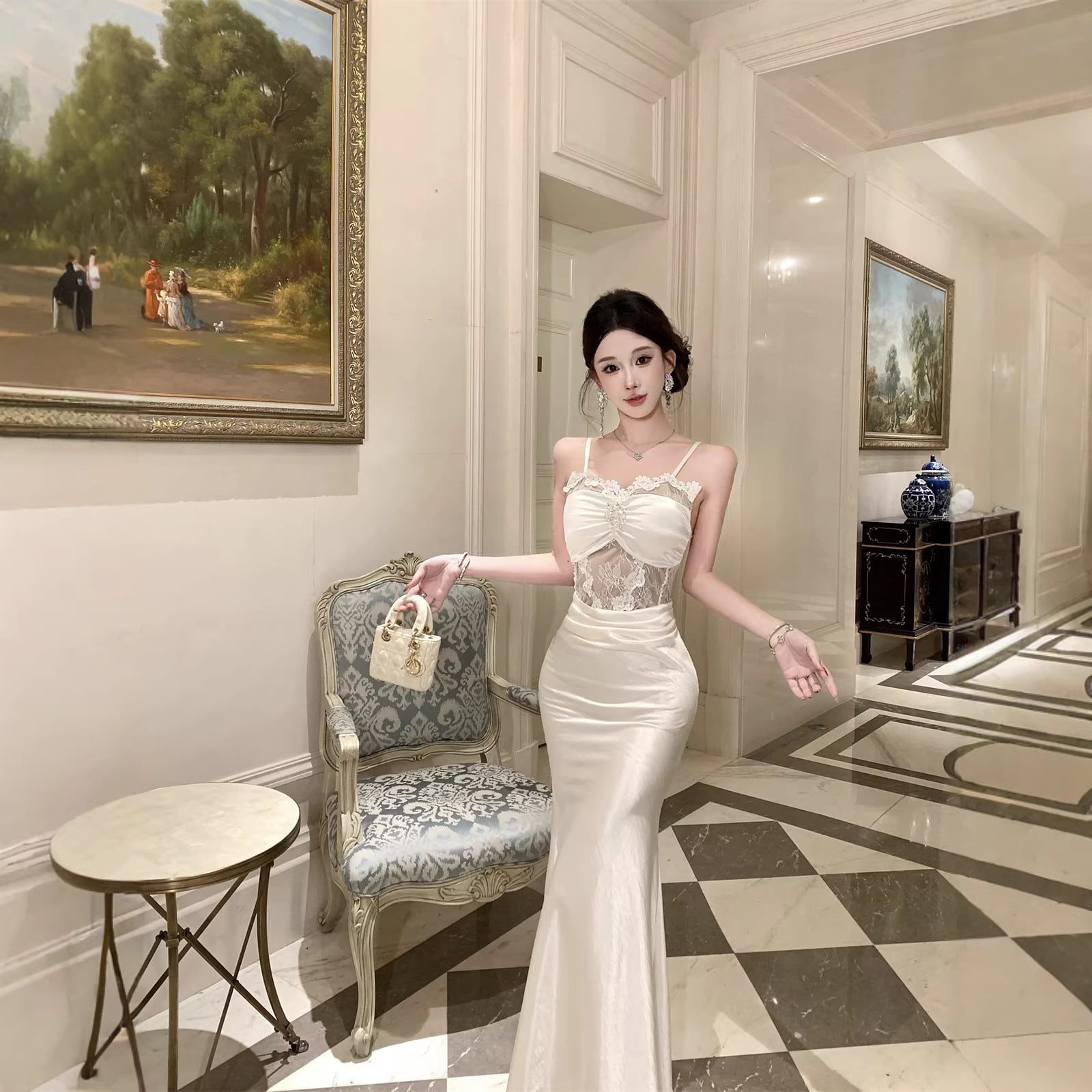 ロングドレス キャバドレス セクシー レース×チュール切替 サテン 上品