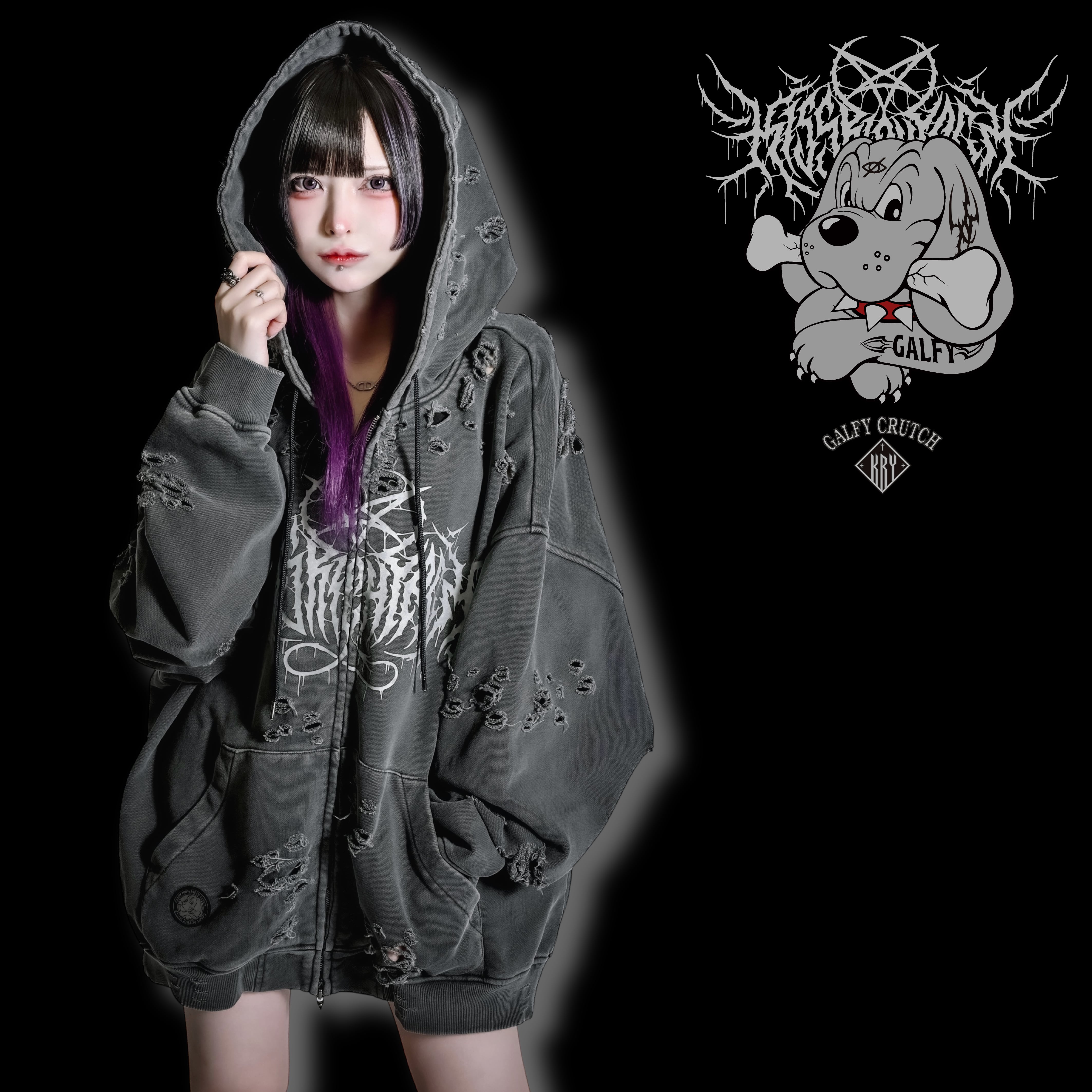 アフリクション　ドクロ　ハーフボタン　ブリーチ加工　AC/DC パーカー 即納】「ブリーチぼろぼろパーカー」 | KRY clothing
