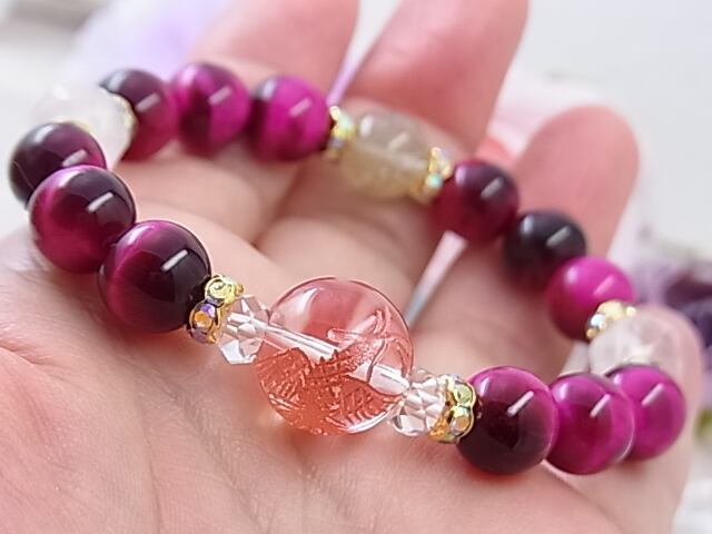 朱雀水晶 恋の神様ブレス ローズクォーツ ピンクタイガーアイ ルチル