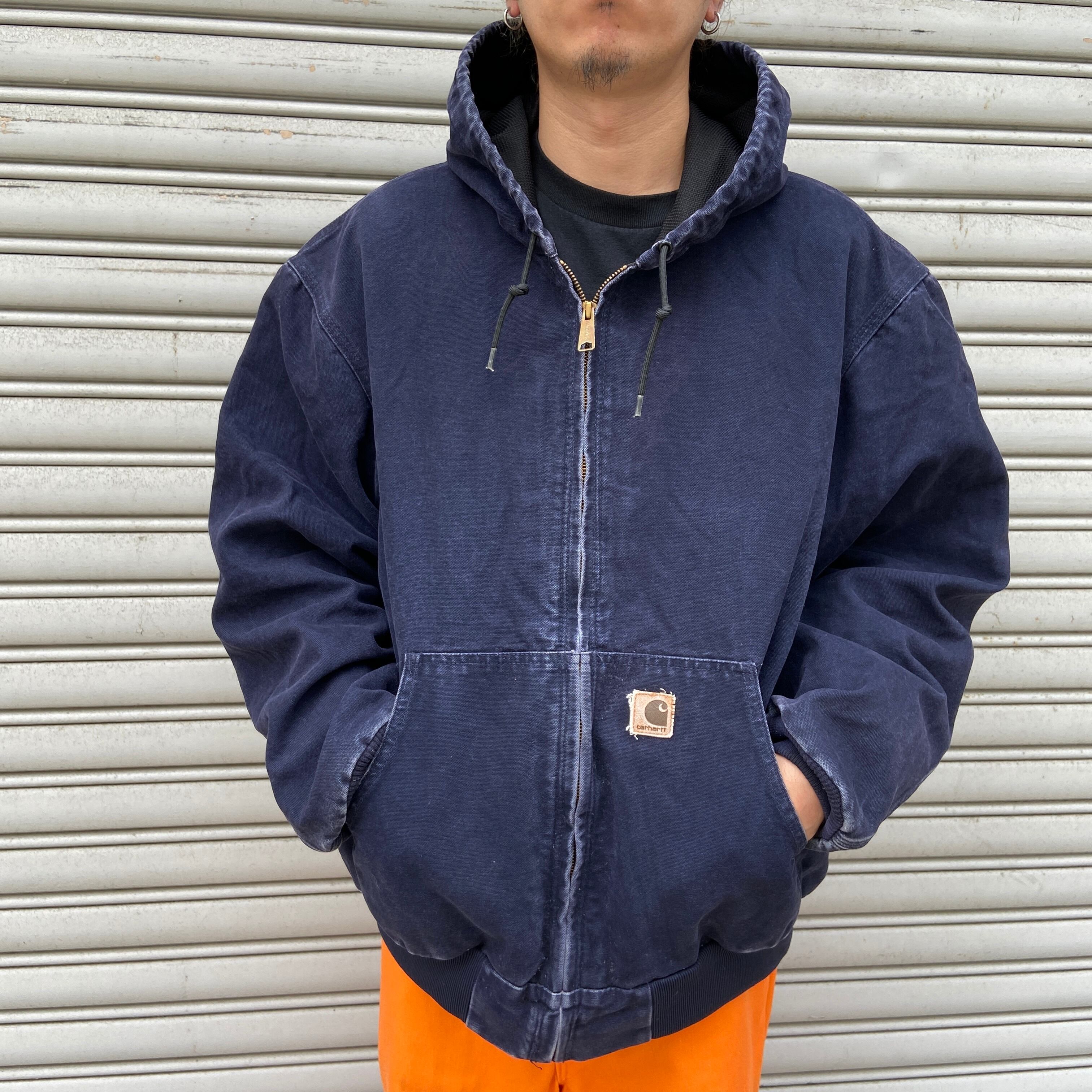 00s USA製　Carhartt プルオーバーパーカー　フェードネイビー 00s Carhartt 企業ロゴ パーカー フーディー 古着 カーハート 青