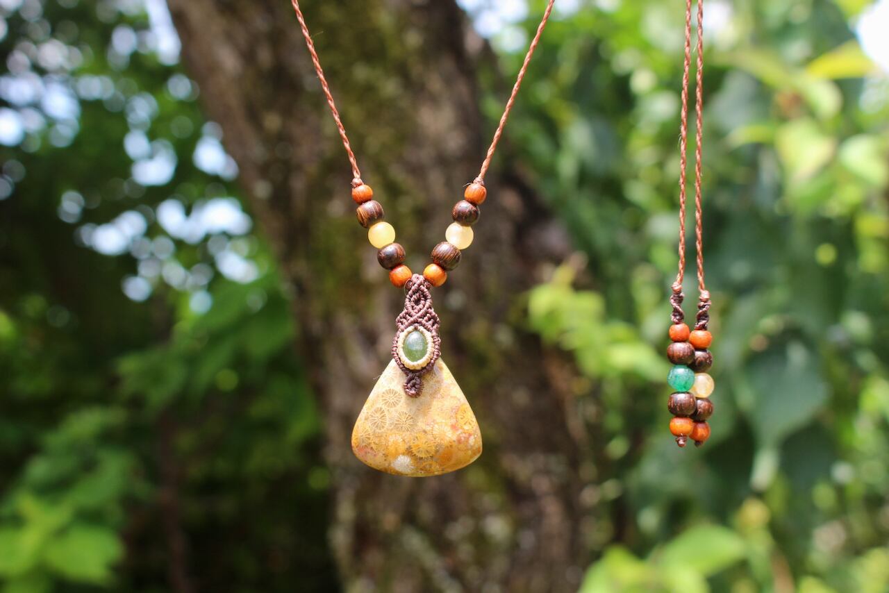 Fossil Coral & Green Tourmaline micro macrame woody pendant