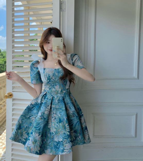 【韓国ファッション】パフスリーブ ドレススカート ドレス ガーリー 花柄 ワンピース パフスリーブ ドレス レトロ
