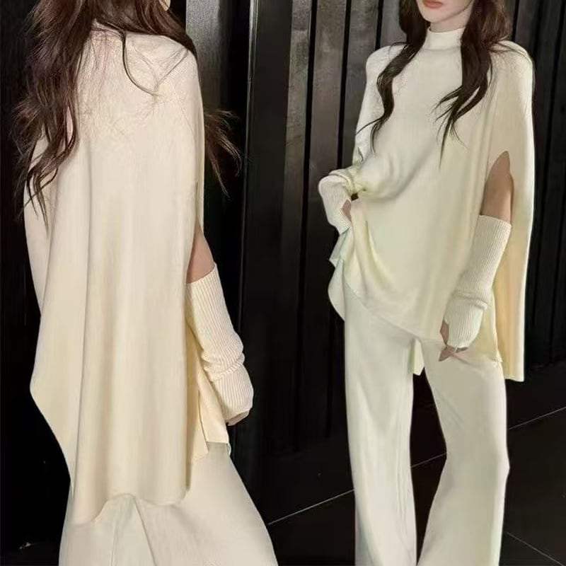 【set】アームウォーマー×ニットトップス×ワイドパンツ3点セット Q7786