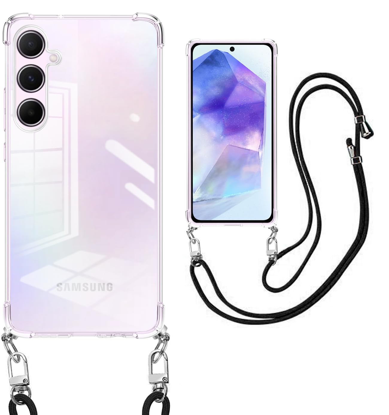 weiaoluo Galaxy A55 5G ケース クリア ショルダー 耐衝撃 ギャラクシーa55カバー ネックストラップ 首かけ 斜めがけ 携帯ストラップ 肩掛け 落下防止 すり傷防止 首掛け 紐付き耐衝撃 透明TPU 軽量 360°全面保護 多機能 斜めかけ 衝撃吸収 ストラップ 調節可能(クリア)