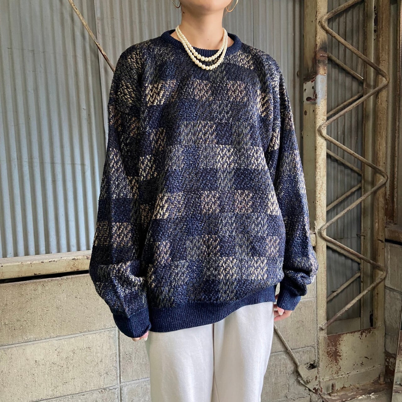 年末年始大決算 デザインニット 柄セーター チェック クルーネック コットン 紺 古着男子 Teleacv Cl