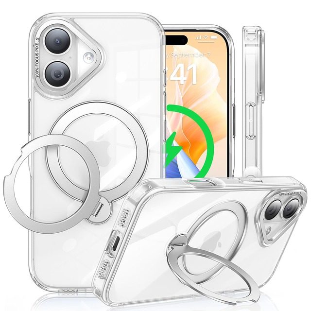 Fadkzyxr iPhone 16 用 ケース「MagSafe対応・新型360°定点回転スタンド」ワイヤレス充電 縦横両対応【クリア】
