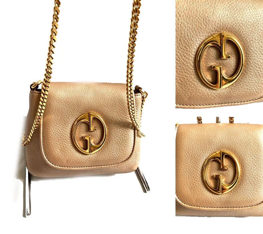 新品同様 正規 GUCCI グッチ 定価16万 ダブルG ミニ チェーン ショルダー バッグ カーフレザー ピンクベージュ 251821