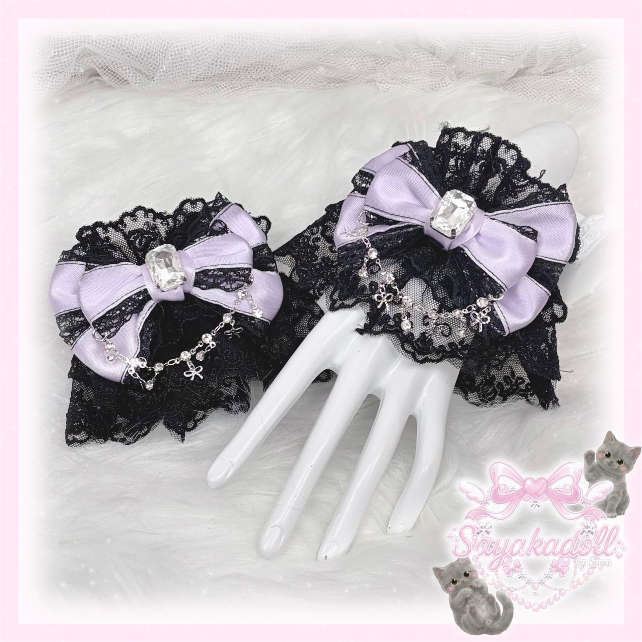 ♡【受注生産】No.3 姫系クリスタルドロップ 大人かわいい姫系リボンカフス／お袖留め black×purple ♡