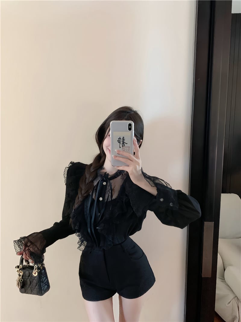 ブラウス トップス シフォン スタンドカラー ボウタイ リボン 花柄