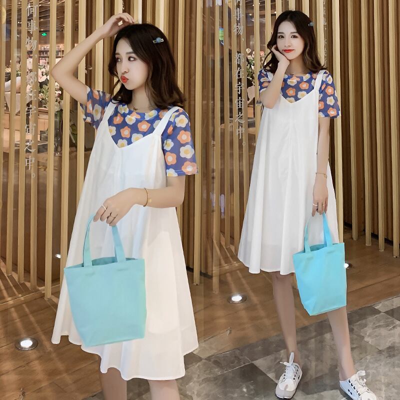 【新作】【送料無料】 マタニティウェア2020夏の新しい流行の母親妊娠中のツーピーススーツルーズミドル丈サスペンダースカート+小さな新鮮なTシャツ-アリババ サマー 夏物 expec282789871119